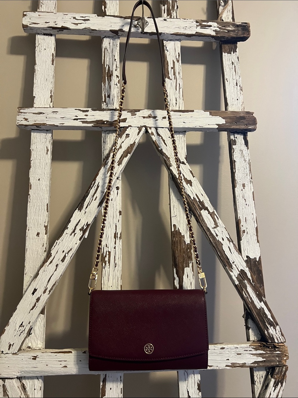Tory Burch Burgundy Fleming Mini Crossbody with Chain Strap